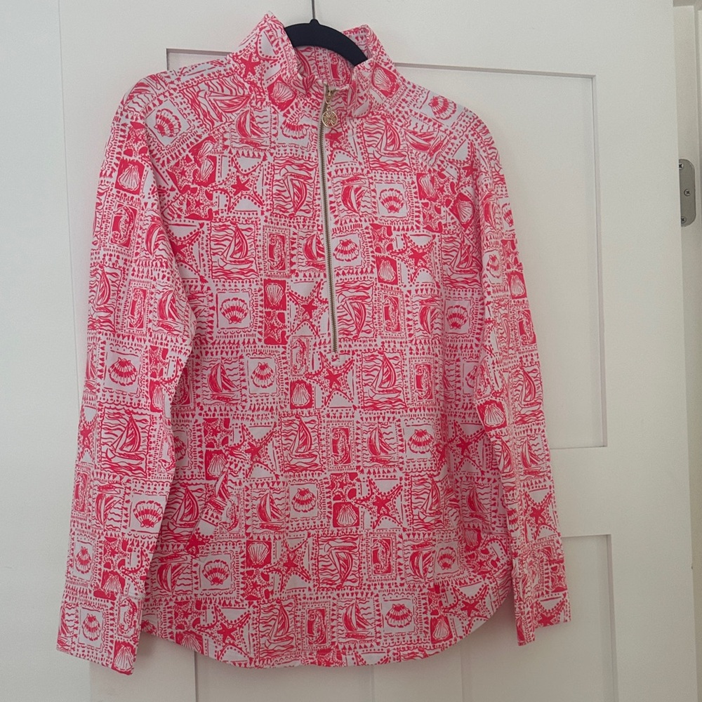 Lilly Pulitzer Pink and White Patterned Top in Mizner Red Seaside Harbour
